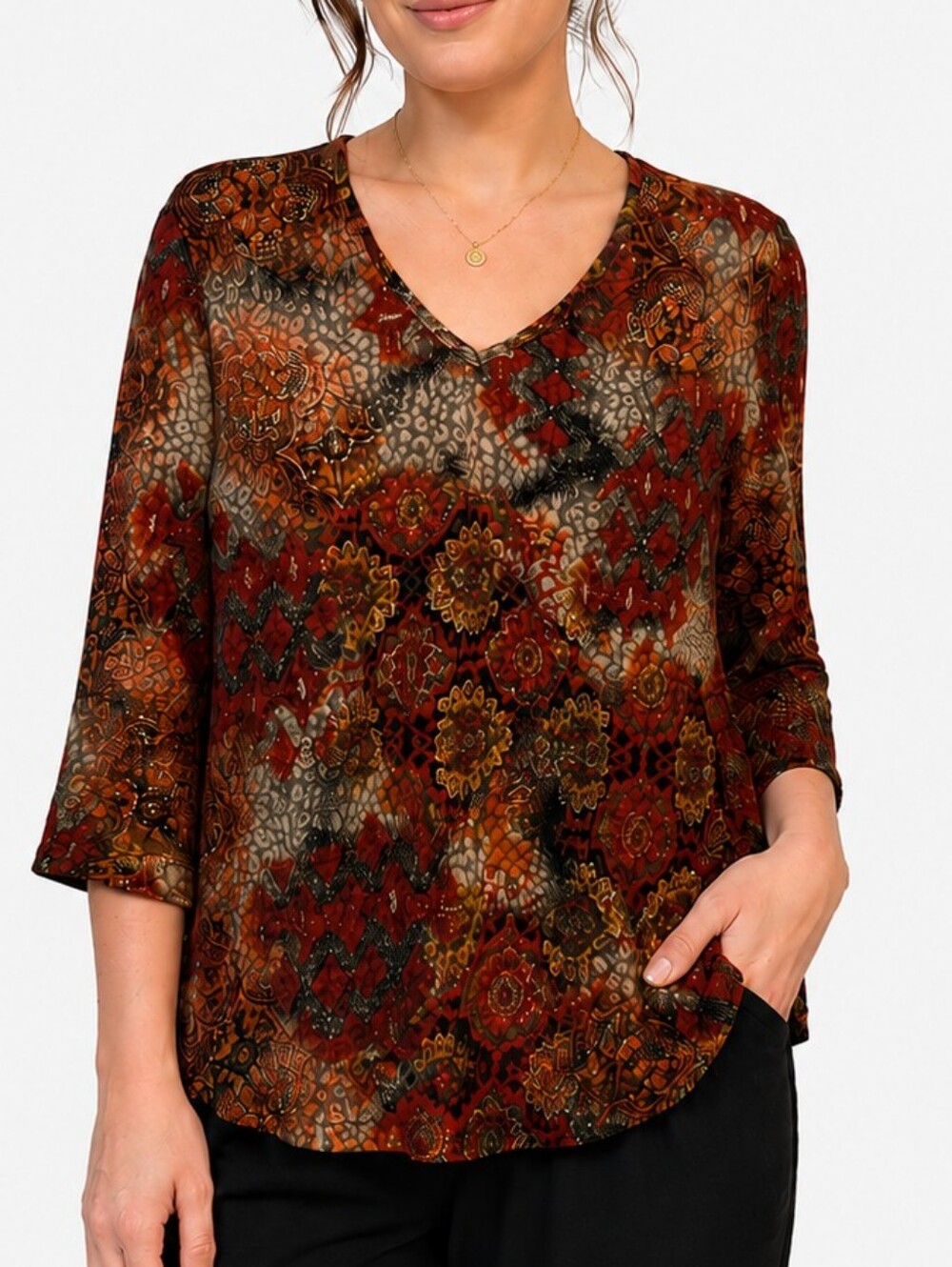 Coldwater Creek Boho Bell Sleeve V-Neck Printed Top | Size Large | Fall Colours